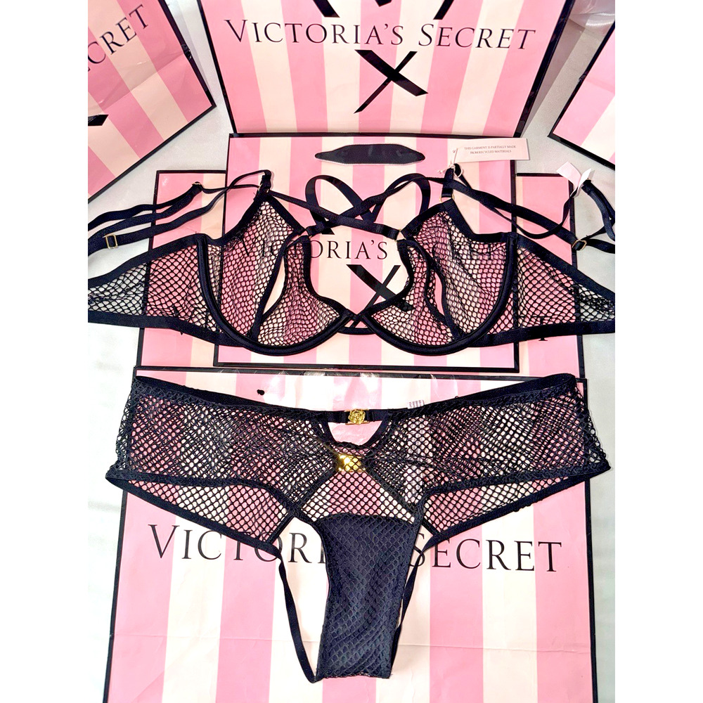 Victoria's Secret Bra Very Sexy Fishnet W/ Panty Black Large